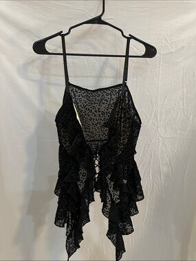 Black Sheer Leopard Ruffle Lace-Up Camisole